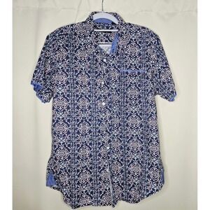 Akrux Men's L Short Sleeve Button Down Shirt Blue‎ Red White Pattern Casual
